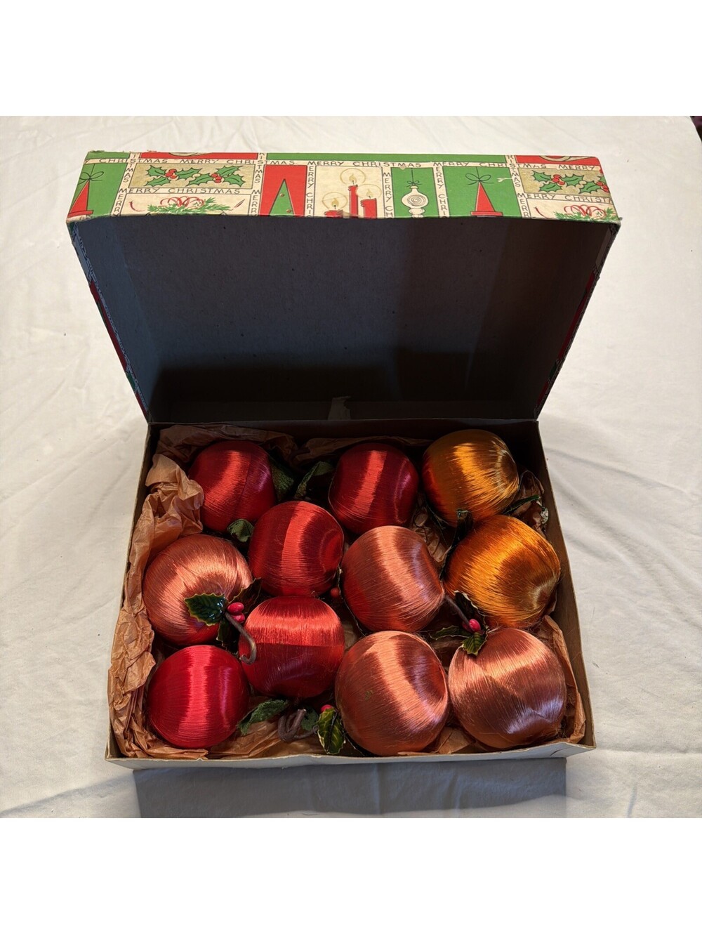 Vintage set of 11 Red, orange, pink Satin Apple Christmas Ornaments-old #357